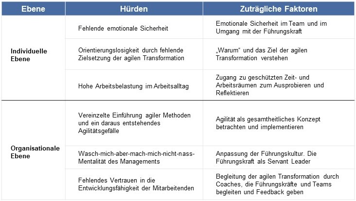 Hürden und zuträgliche Faktoren in der Entwicklung des agilen Mindsets (Quelle: Saskia Howe)